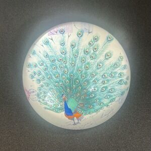 Pier 1 Paperweight Domed Clear Glass Peacock Postcard 3 7/8" Round.